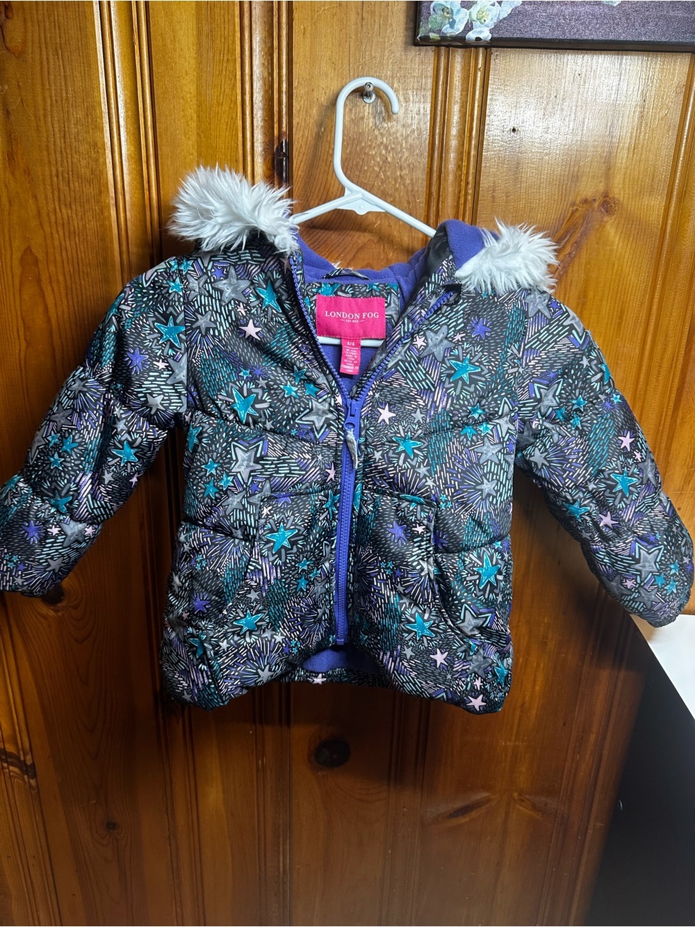 London Fog Girls' Purple Starburst Puffer Jacket with Faux Fur Trim